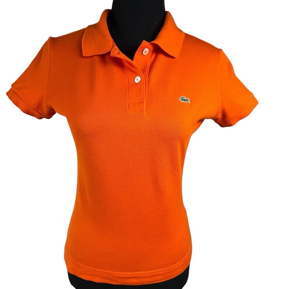 Vtg Y2K Lacoste Fitted Polo Shirt Baby Tee Sz S Orange Cotton Preppy Tenniscore